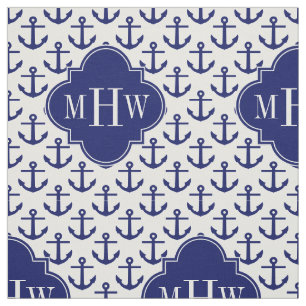 Navy Anchors White BG, Navy 3 Initial Monogram Fabric