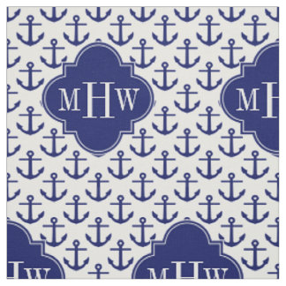 Navy Anchors White BG, Navy 3 Initial Monogram Fabric