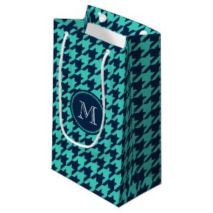 Navy and Aqua Houndstooth Small Gift Bag