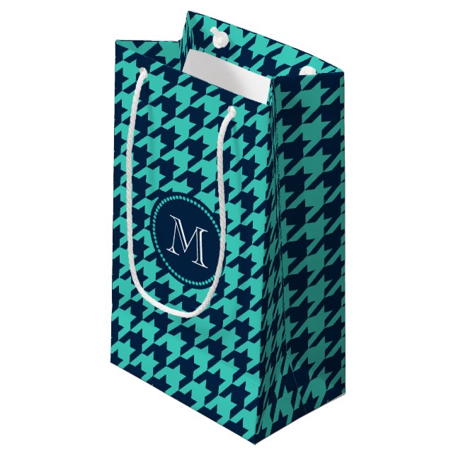 Navy and Aqua Houndstooth Small Gift Bag (Front Angled)