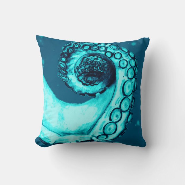 Navy and Aqua Nautical Octopus Tentacle Pillow (Front)