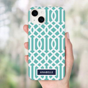 Navy and Aqua Trellis Monogram Case-Mate iPhone 14 Case