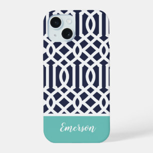 Navy and Aqua Trellis Monogram iPhone 15 Case