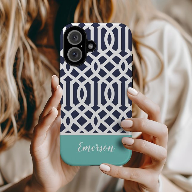 Navy and Aqua Trellis Monogram iPhone 16 Case (Creator Uploaded)