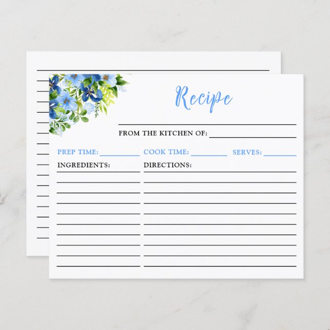 Navy and Baby Blue Floral Recipe Card (Front/Back)