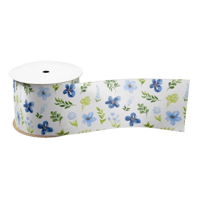 Navy and Baby Blue Flowers with Foliage Pattern Satin Ribbon (Spool)