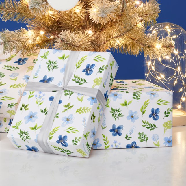 Navy and Baby Blue Flowers with Foliage Pattern Wrapping Paper (Holidays)
