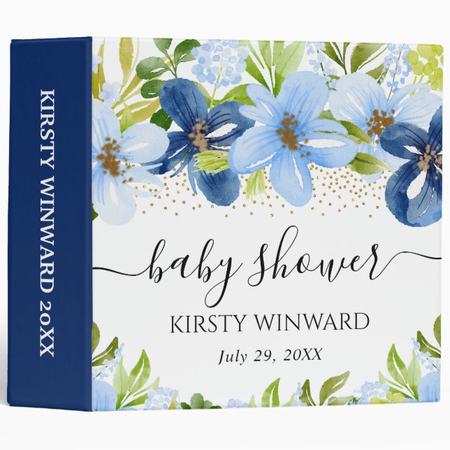 Navy and Blue Flowers Baby Shower Photo Album Binder (Front/Spine)