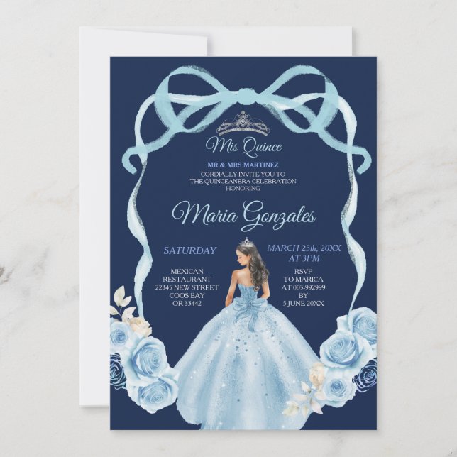 Navy and Blue Princess Mis Quince 16th Birthday Invitation (Front)