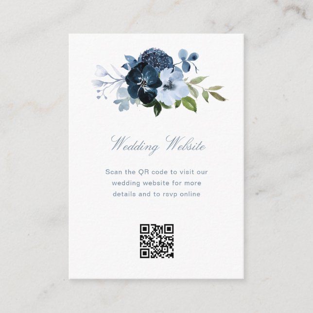 navy and blue QR code wedding website Enclosure Card (Front)
