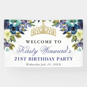 Navy and Blue Summer Flowers Birthday Banner