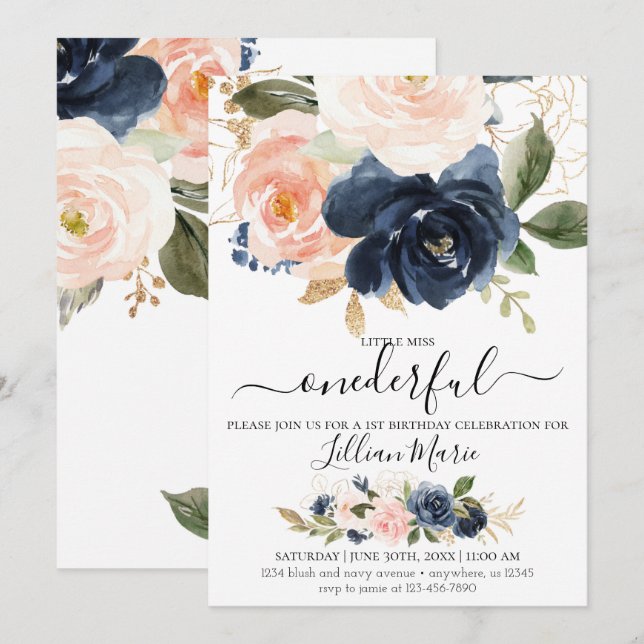 Navy and Blush Birthday Invitation for a Girl (Front/Back)