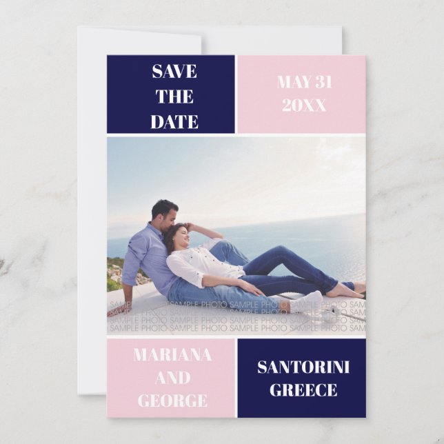 Navy and blush colour block wedding Save the Date (Front)