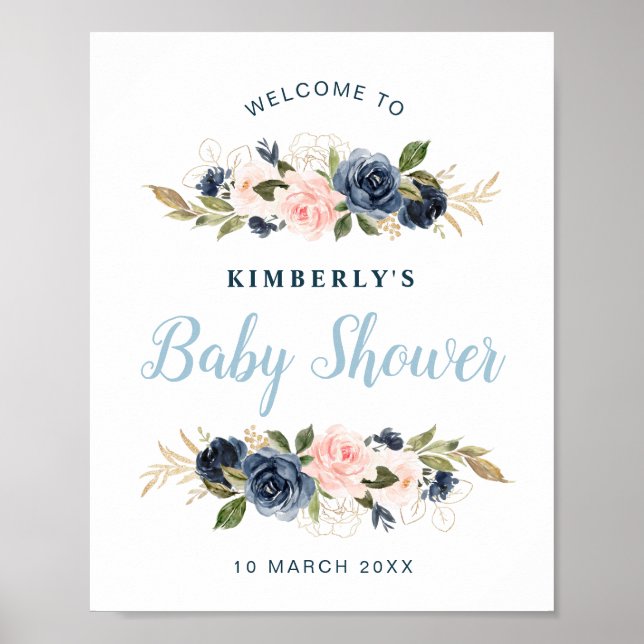 Navy and blush floral baby shower welcome sign (Front)