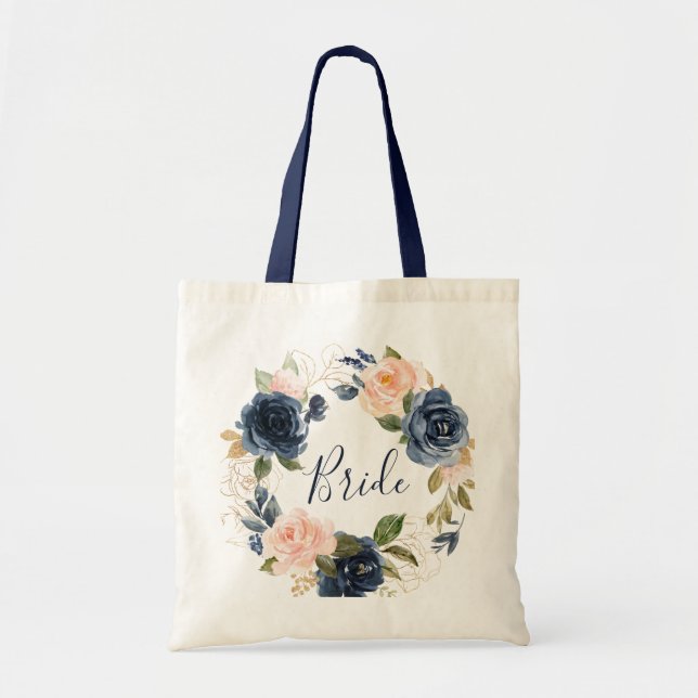 Navy and blush floral bride tote bag (Front)