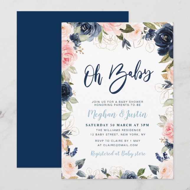 navy and blush floral couples baby shower invitation (Front/Back)