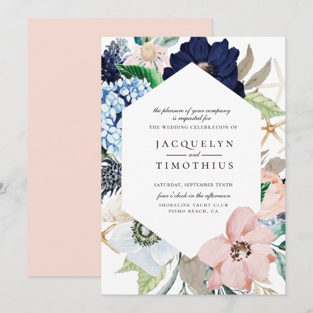 Navy and Blush Floral Frame Wedding Invitation (Front/Back)