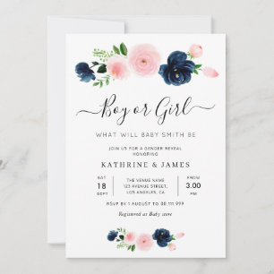 navy and blush floral gender reveal invitation