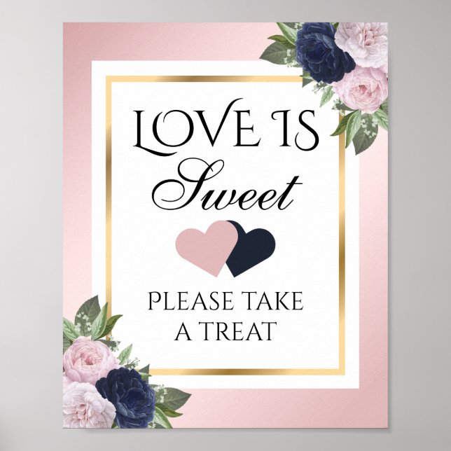 Navy and Blush Floral Love Is Sweet Wedding Sign (Front)