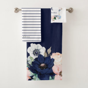 Navy and Blush Floral Name and Monogram Bath Towel Set