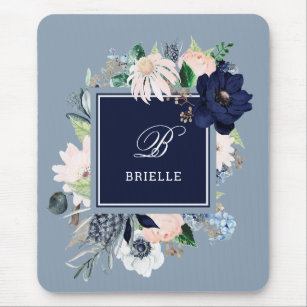 Navy and Blush Floral   Name and Monogram Mouse Pad