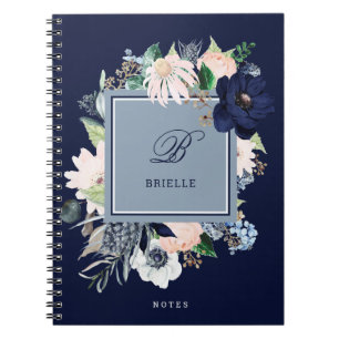 Navy and Blush Floral Name and Monogram Notebook