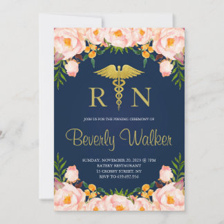 Navy And Blush Floral Nurse Pinning Ceremony Invitation