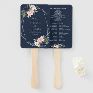 navy and blush floral silver frame hand fan