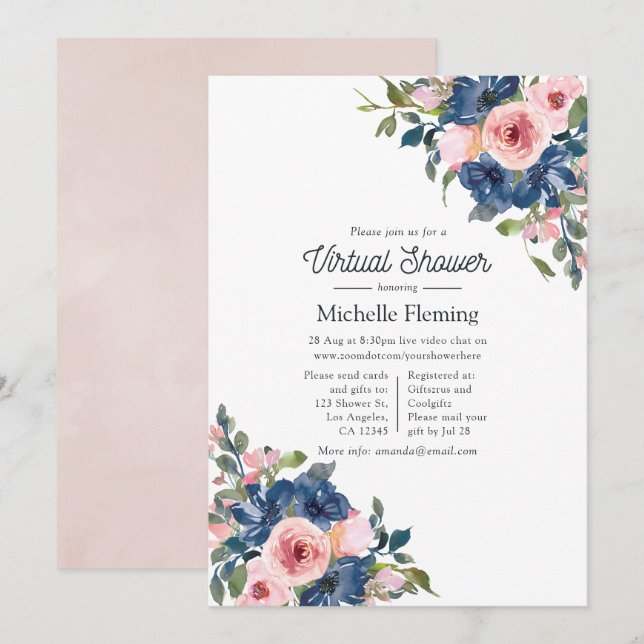 Navy and Blush Floral Virtual Baby Shower Invitation (Front/Back)