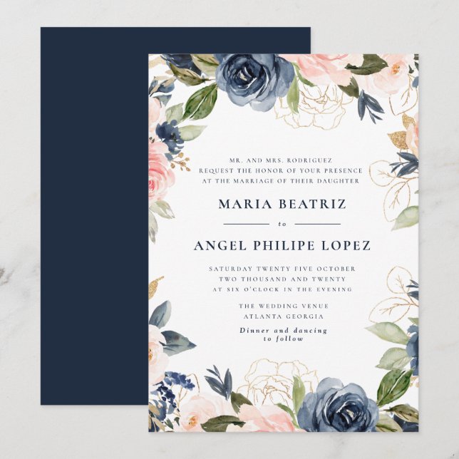 Navy and blush floral wedding invitation (Front/Back)