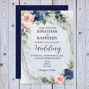 Navy and Blush Floral Wedding Invitation