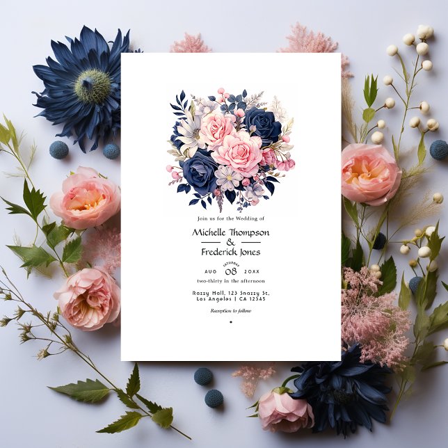 Navy and Blush Floral Wedding Invitation (Creator Uploaded)