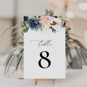 navy and blush floral wedding table number