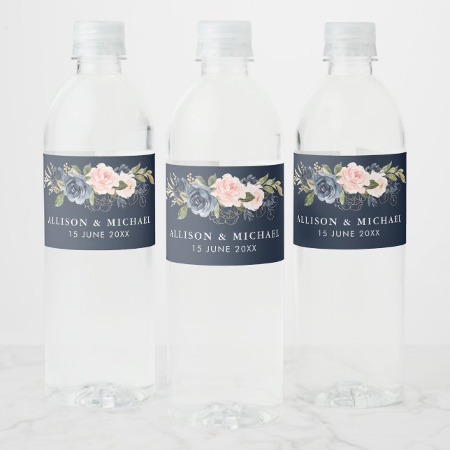 navy and blush floral wedding water bottle label (Bottles)