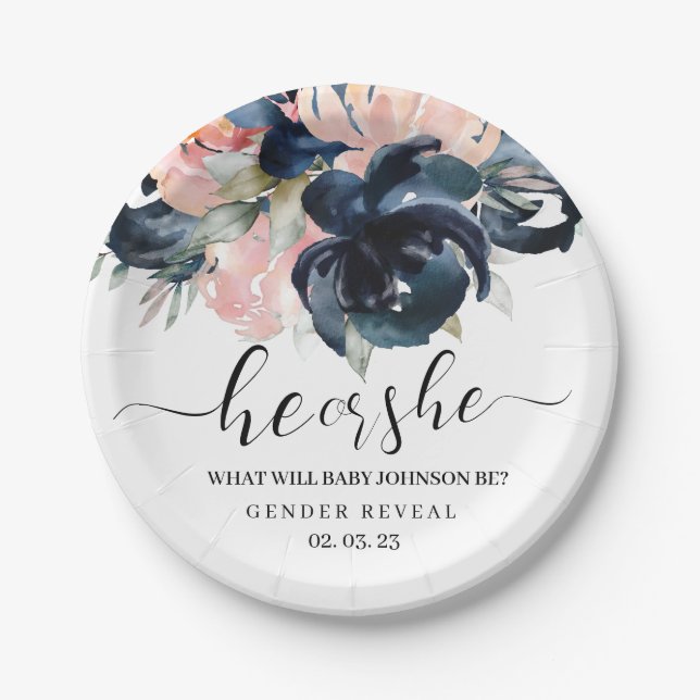 Navy and Blush gender reveal paper plates. Paper P Paper Plate (Front)