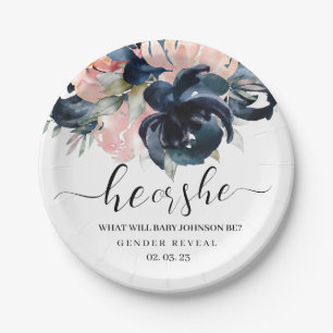 Navy and Blush gender reveal paper plates. Paper P Plate