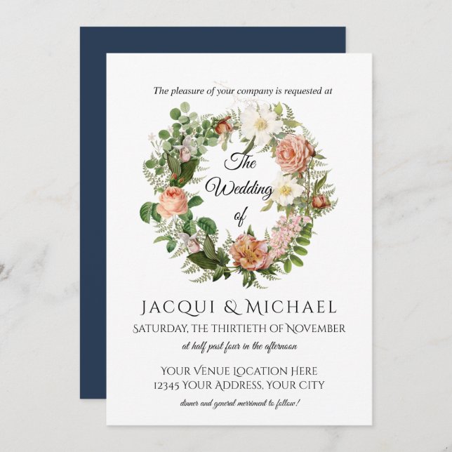 Navy and Blush Ivory Roses w Fern Wreath Wedding Invitation (Front/Back)