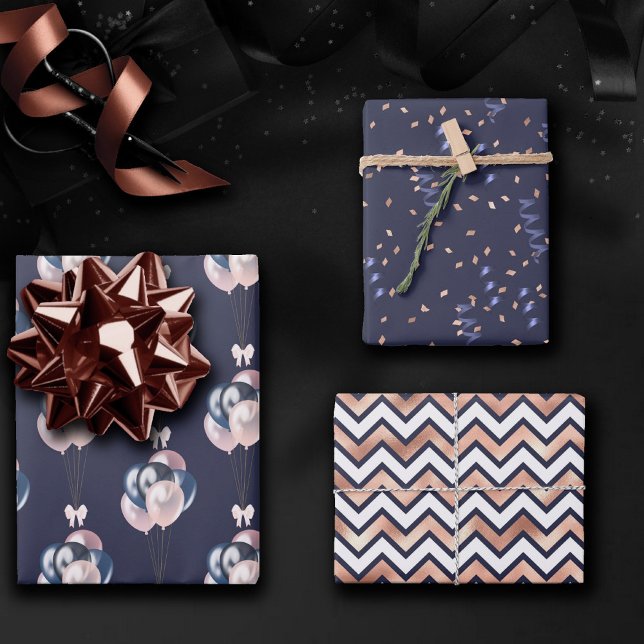 Navy and Blush Party | Blue Pink Confetti Balloons Wrapping Paper Sheet (Creator Uploaded)