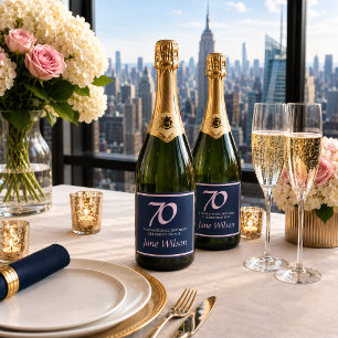 Navy and Blush Pink 70th Birthday Party  Sparkling Wine Label