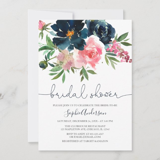 Navy and Blush Pink Bloom Floral Bridal Shower Invitation (Front)