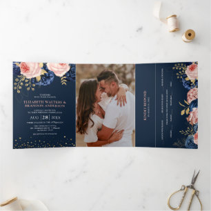Navy and Blush Pink Florals Elegant Wedding Tri-Fo Tri-Fold Invitation