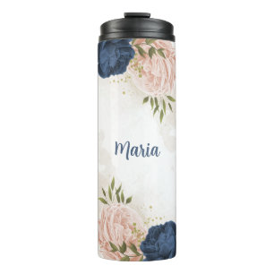 navy and blush pink flowers greenery thermal tumbler