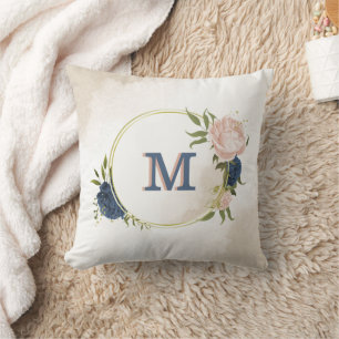 navy and blush pink flowers greenery throw pillow