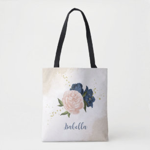 navy and blush pink flowers greenery tote bag