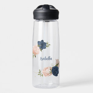 navy and blush pink flowers greenery water bottle