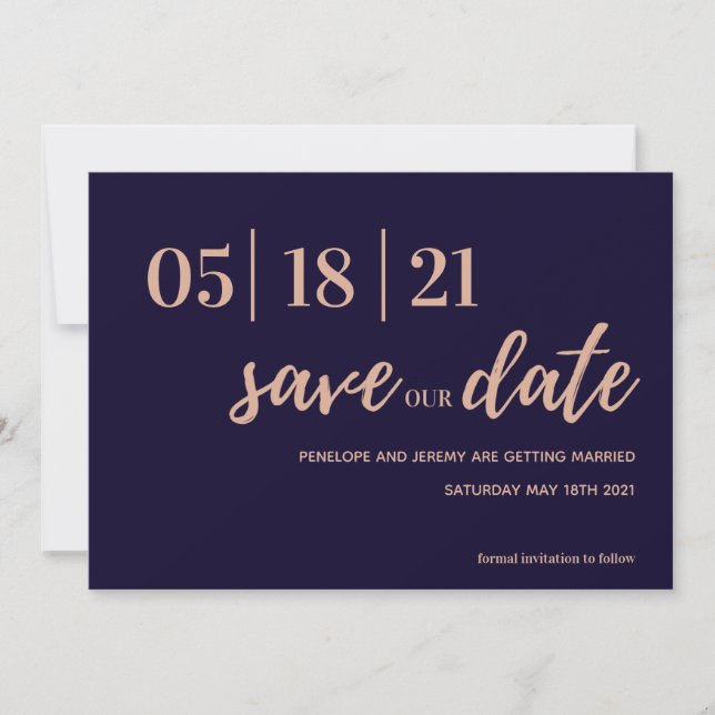 navy and blush pink modern script save the date (Front)