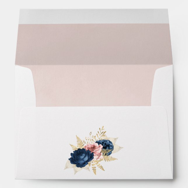 Navy and Blush Pink Vintage Roses Wedding Envelope (Back (Bottom))