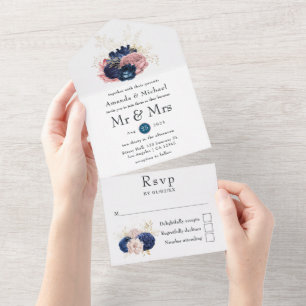 Navy and Blush Pink Vintage Wedding All In One Invitation