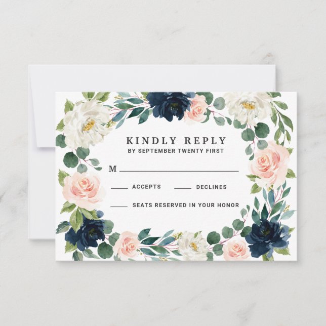 Navy and Blush Pink Watercolor Wedding RSVP Cards (Front)