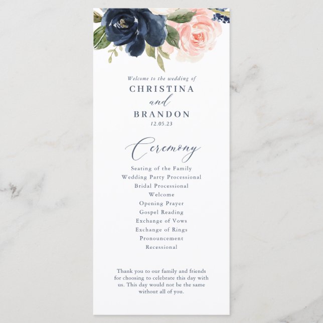 Navy and Blush Pink Wedding Program (Front)